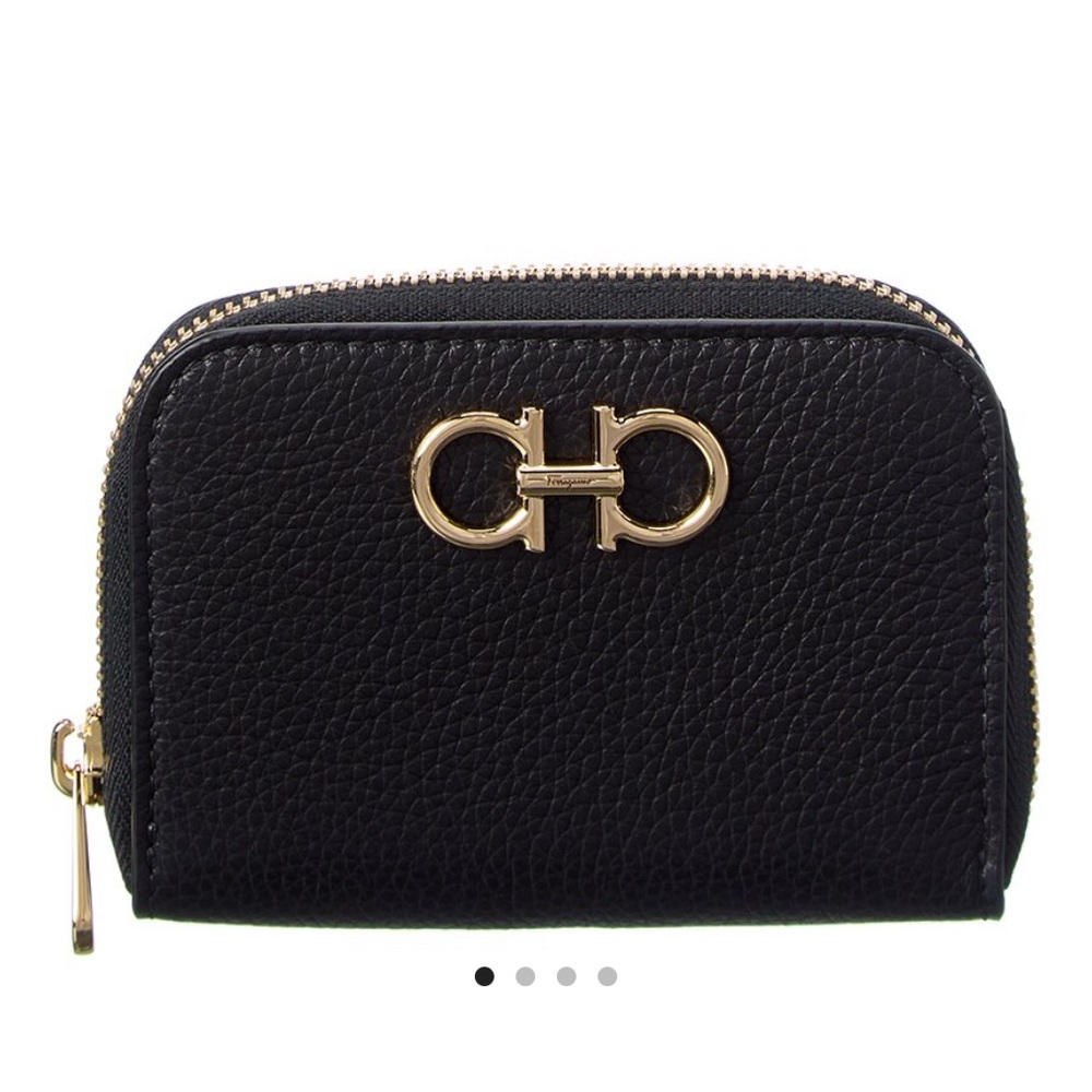 New, Ferragamo Black Leather Wallet with Gold Logo
